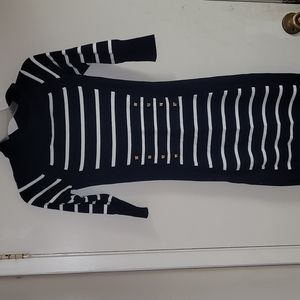 Cache Navy and white striped sweater dress. 3/4 length sleeve.